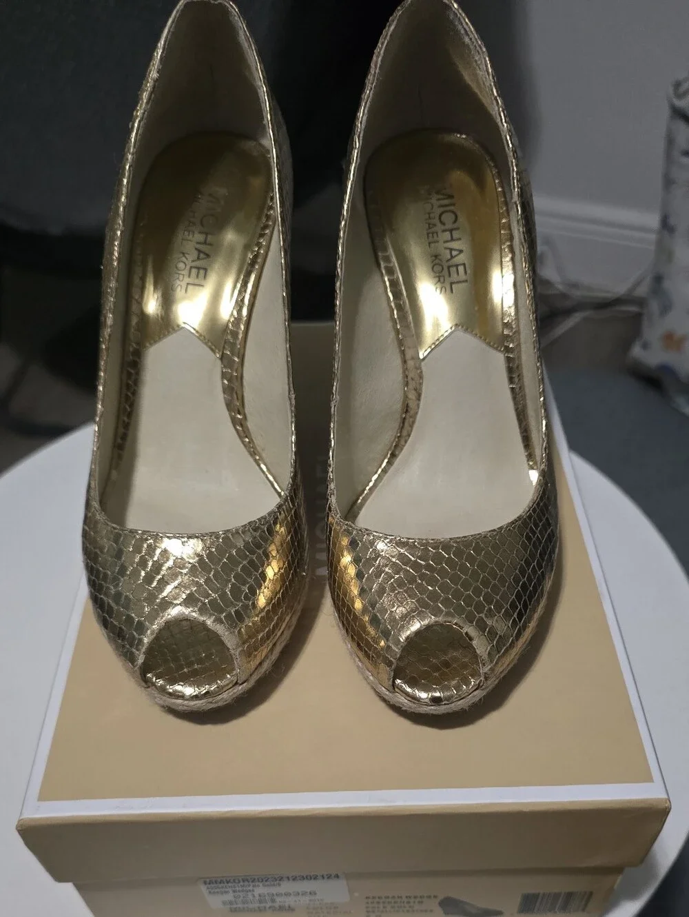 Michael Kors Metallic Gold Peep-Toe Wedge Espadrilles
